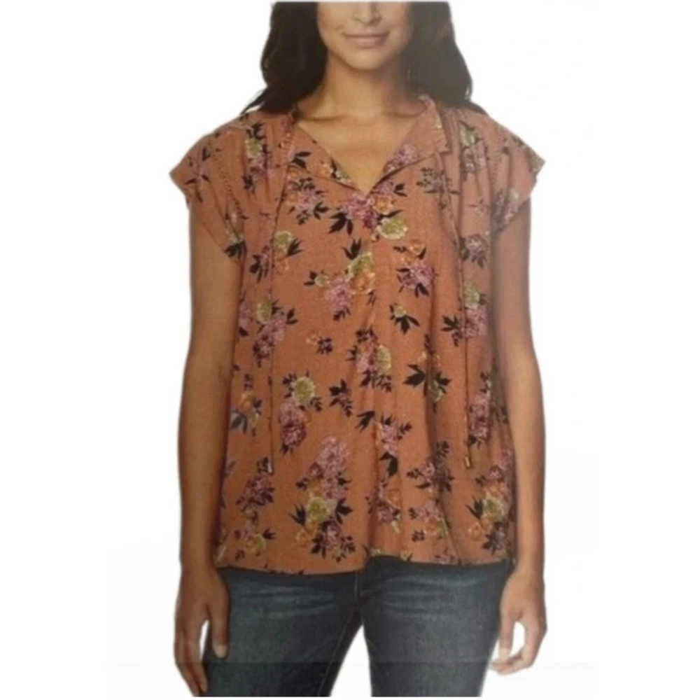 Buffalo David Bitton Women's Flutter Sleeve Floral Top, Shadow Roses, Size L